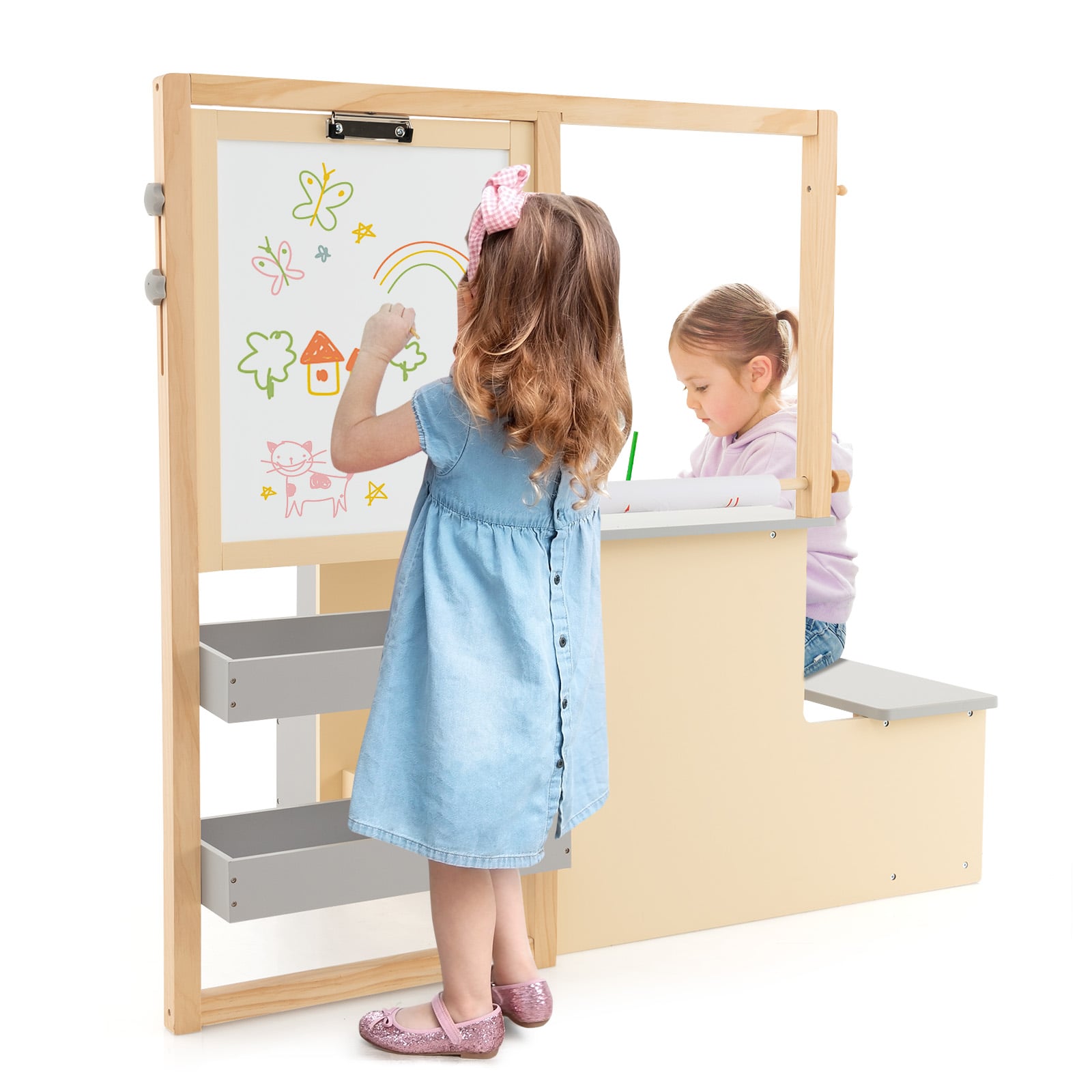 Kids Art Easel Table and Bench Set with Adjustable Easel and Bookshelf-Grey