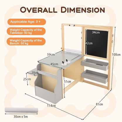 Kids Art Easel Table and Bench Set with Adjustable Easel and Bookshelf-Grey