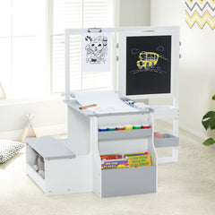 Kids Art Easel Table and Bench Set with Adjustable Easel and Bookshelf-Light Grey