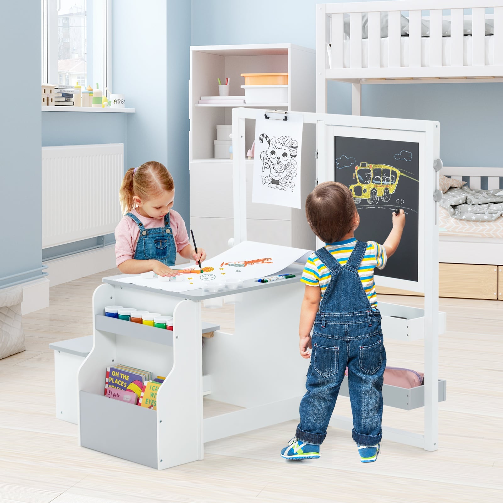 Kids Art Easel Table and Bench Set with Adjustable Easel and Bookshelf-Light Grey