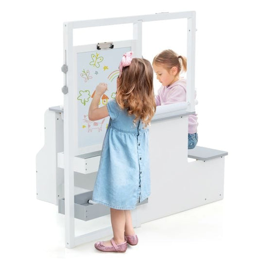 Kids Art Easel Table and Bench Set with Adjustable Easel and Bookshelf-Light Grey