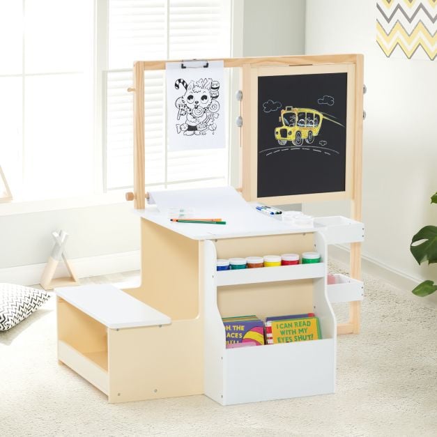 Kids Art Easel Table and Bench Set with Adjustable Easel and Bookshelf-White