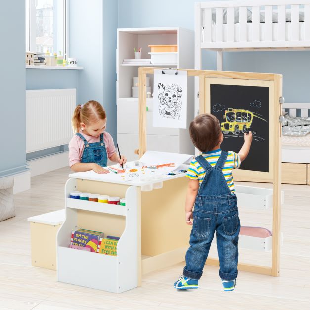 Kids Art Easel Table and Bench Set with Adjustable Easel and Bookshelf-White