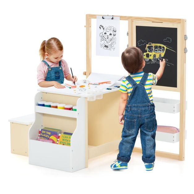 Kids Art Easel Table and Bench Set with Adjustable Easel and Bookshelf-White
