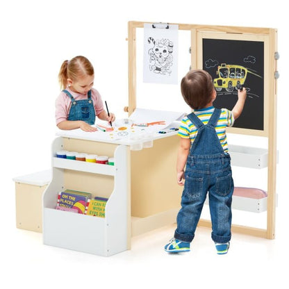Kids Art Easel Table and Bench Set with Adjustable Easel and Bookshelf-White