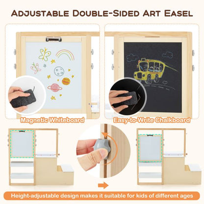 Kids Art Easel Table and Bench Set with Adjustable Easel and Bookshelf-White