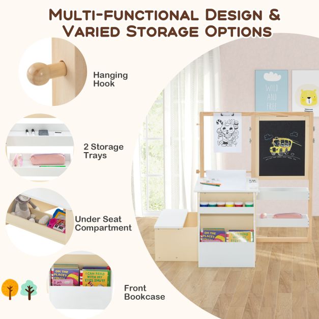 Kids Art Easel Table and Bench Set with Adjustable Easel and Bookshelf-White