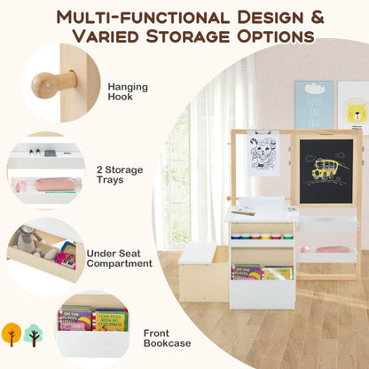 Kids Art Easel Table and Bench Set with Adjustable Easel and Bookshelf-White