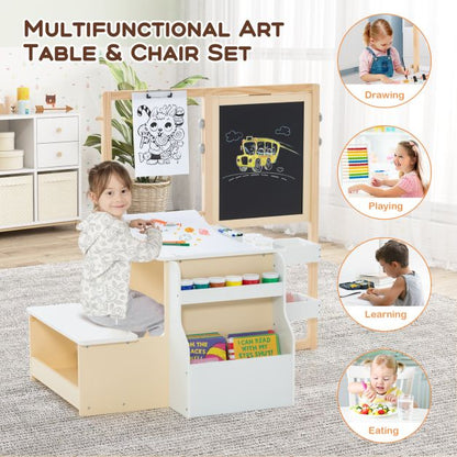 Kids Art Easel Table and Bench Set with Adjustable Easel and Bookshelf-White