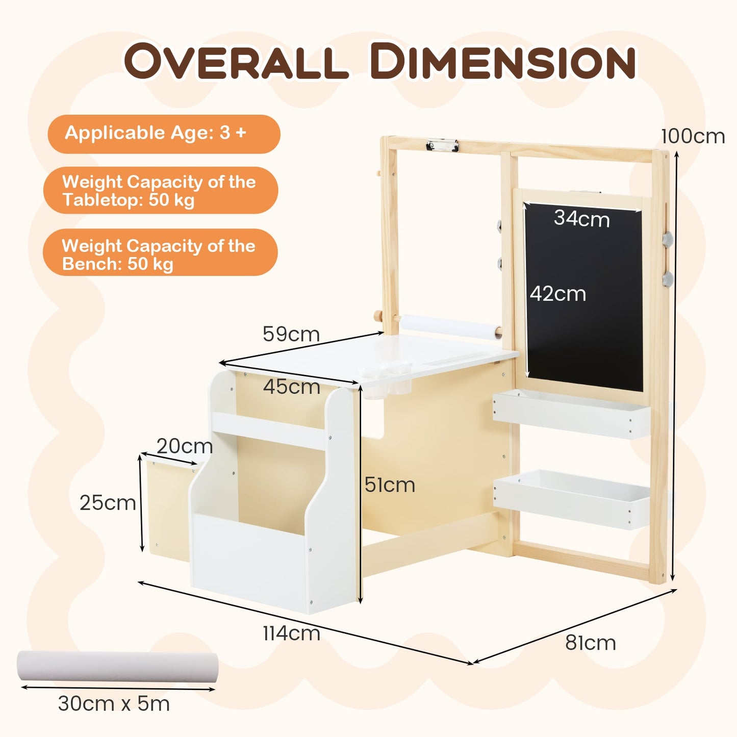 Kids Art Easel Table and Bench Set with Adjustable Easel and Bookshelf-White