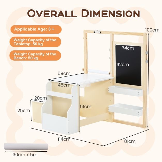 Kids Art Easel Table and Bench Set with Adjustable Easel and Bookshelf-White
