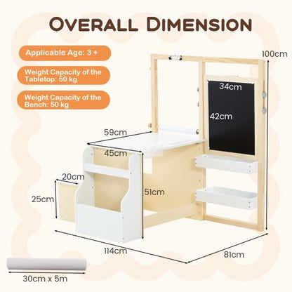 Kids Art Easel Table and Bench Set with Adjustable Easel and Bookshelf-White