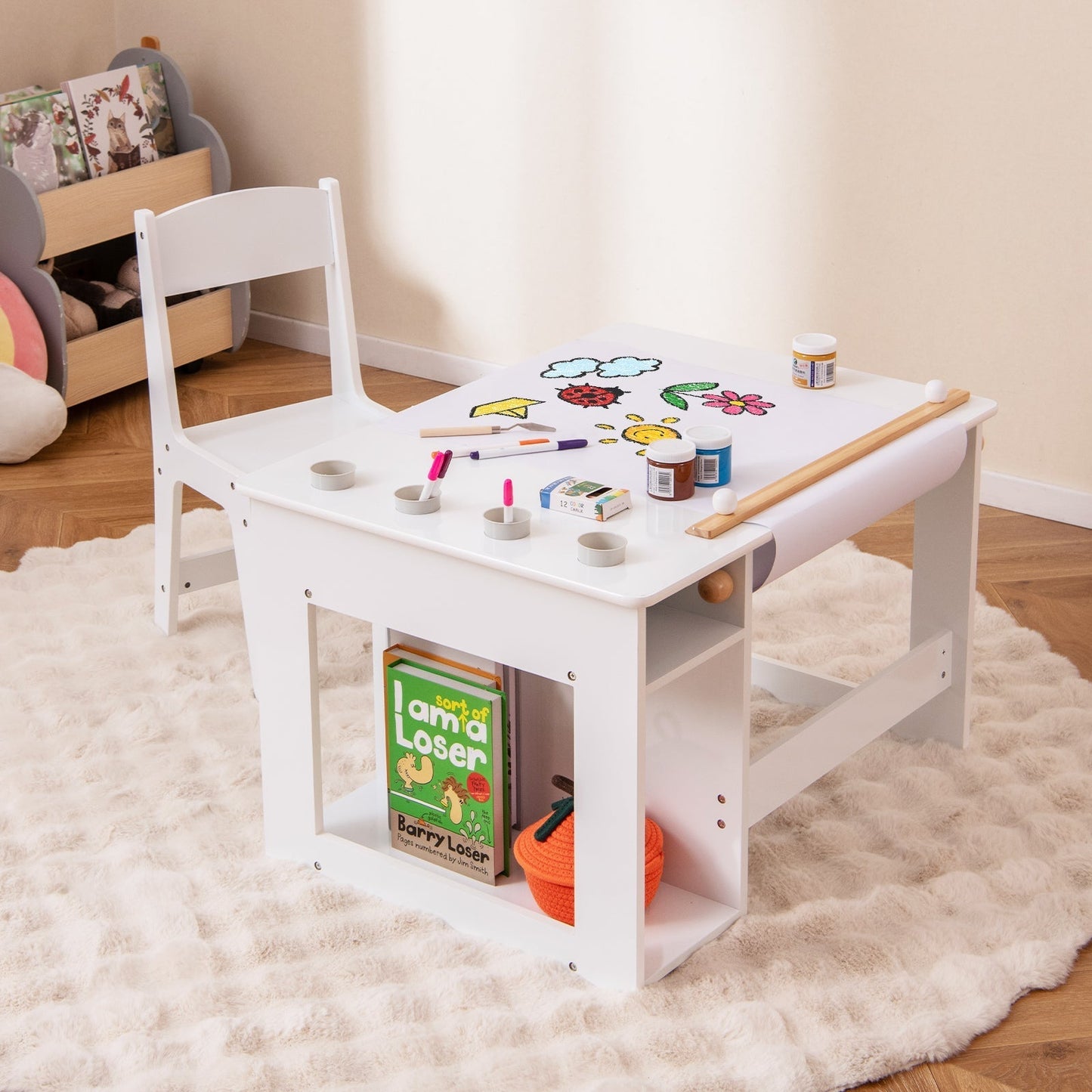 Kids Art Table and Chair Set with Paper Roll and Storage Shelves-White