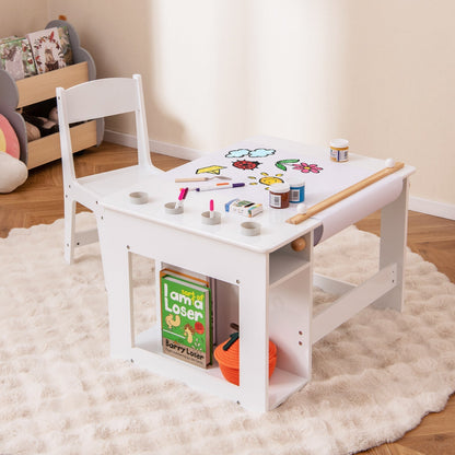 Kids Art Table and Chair Set with Paper Roll and Storage Shelves-White