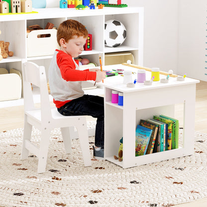 Kids Art Table and Chair Set with Paper Roll and Storage Shelves-White