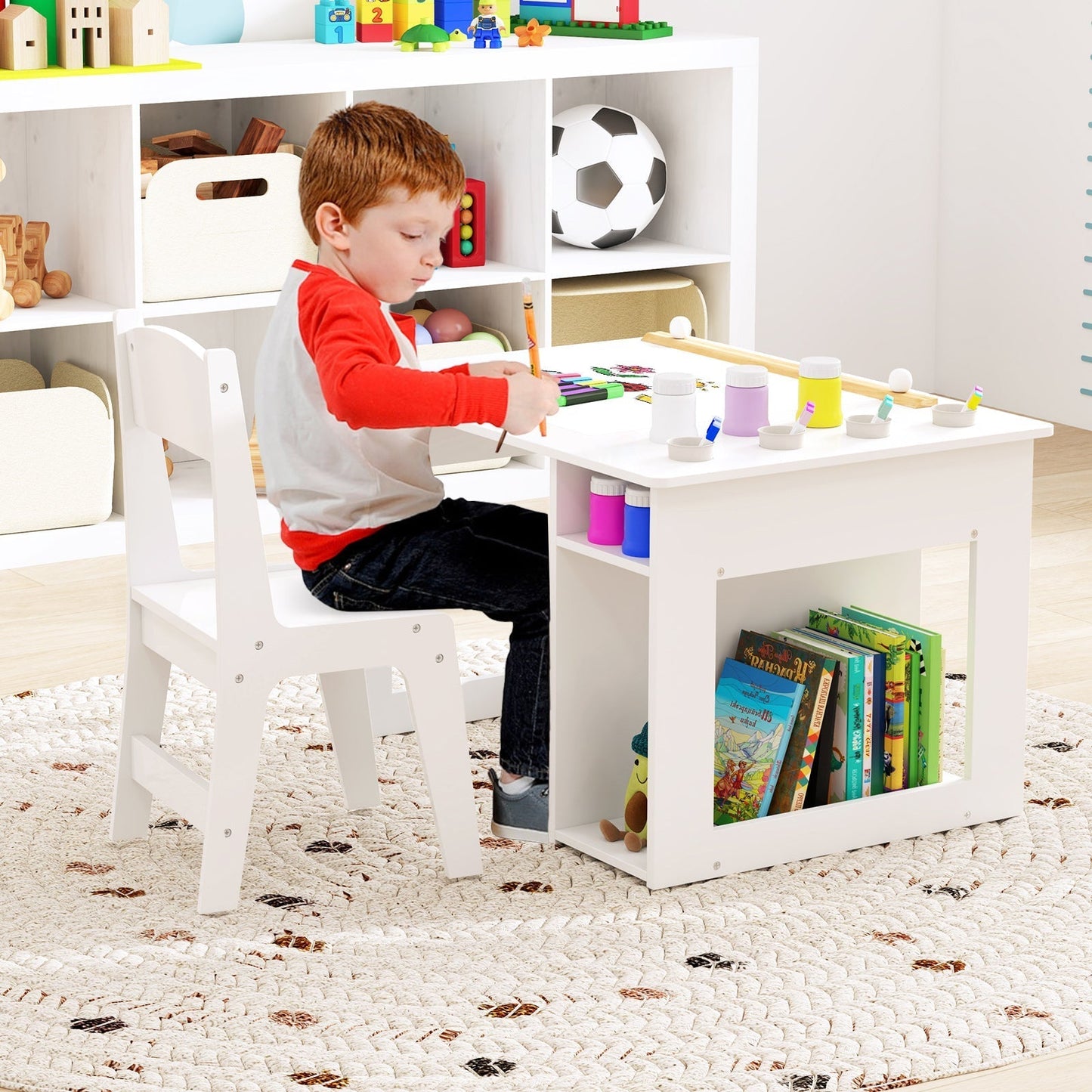 Kids Art Table and Chair Set with Paper Roll and Storage Shelves-White