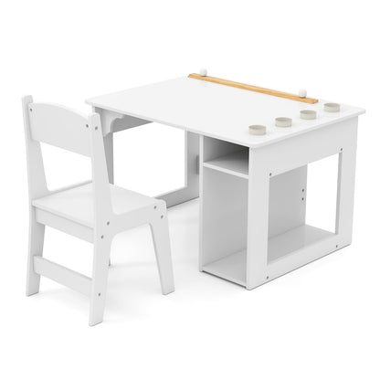Kids Art Table and Chair Set with Paper Roll and Storage Shelves-White