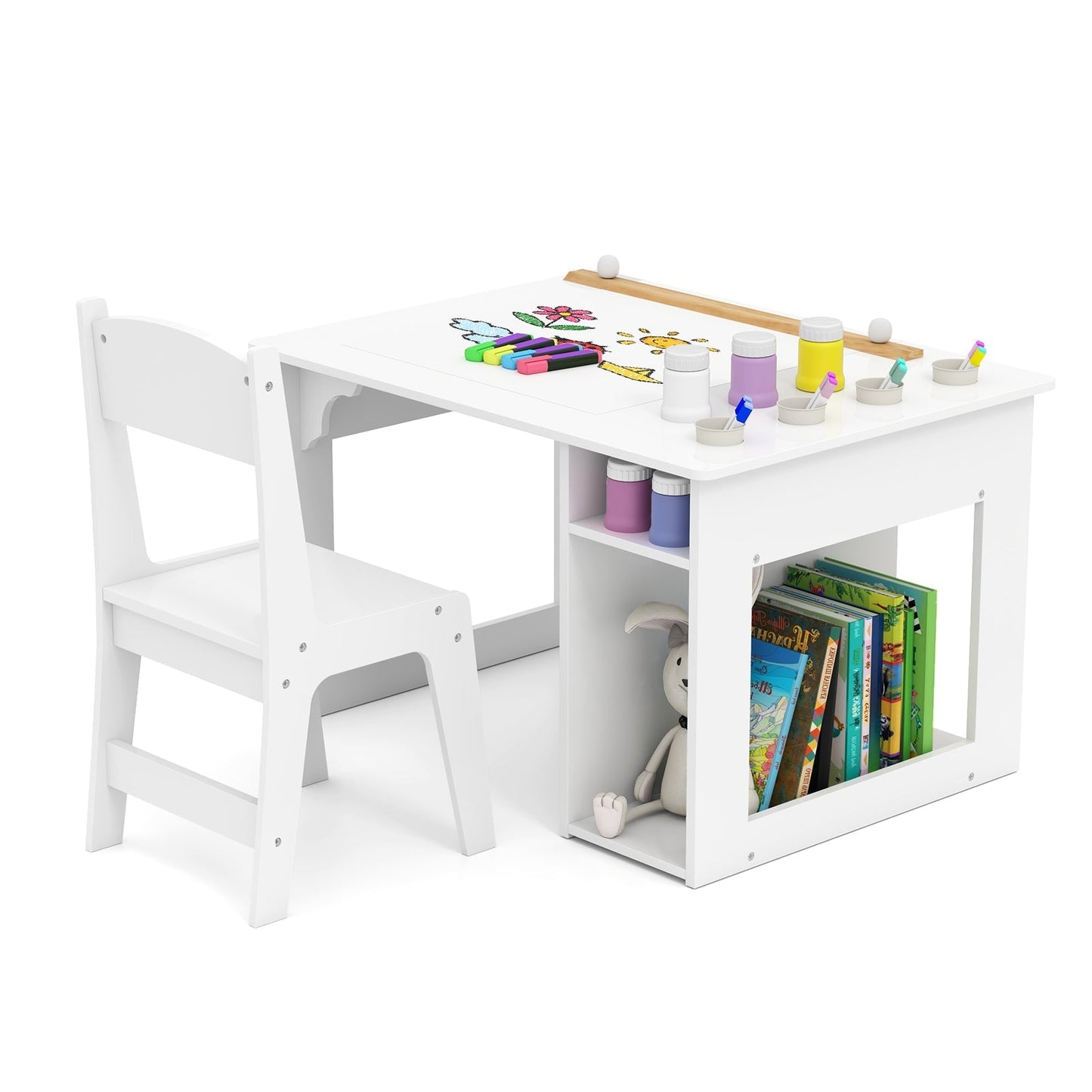 Kids Art Table and Chair Set with Paper Roll and Storage Shelves-White