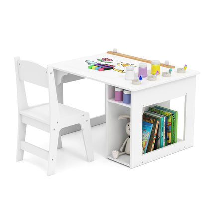 Kids Art Table and Chair Set with Paper Roll and Storage Shelves-White