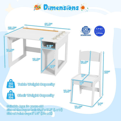 Kids Art Table and Chair Set with Paper Roll and Storage Shelves-White