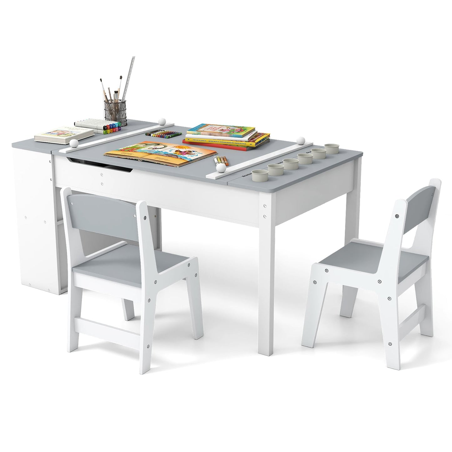 2-in-1 Kids Art Table Set with Chairs-Grey