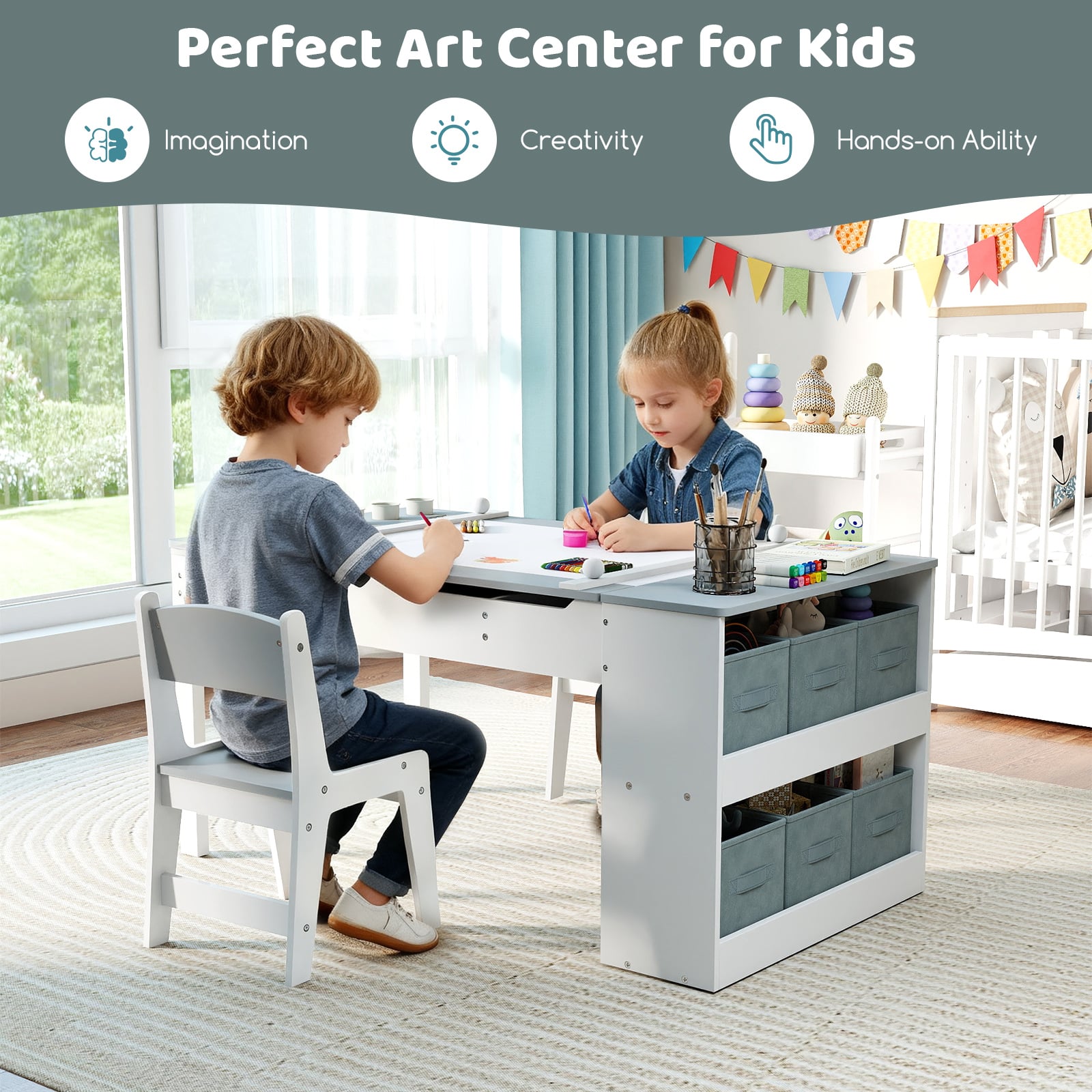 2-in-1 Kids Art Table Set with Chairs-Grey
