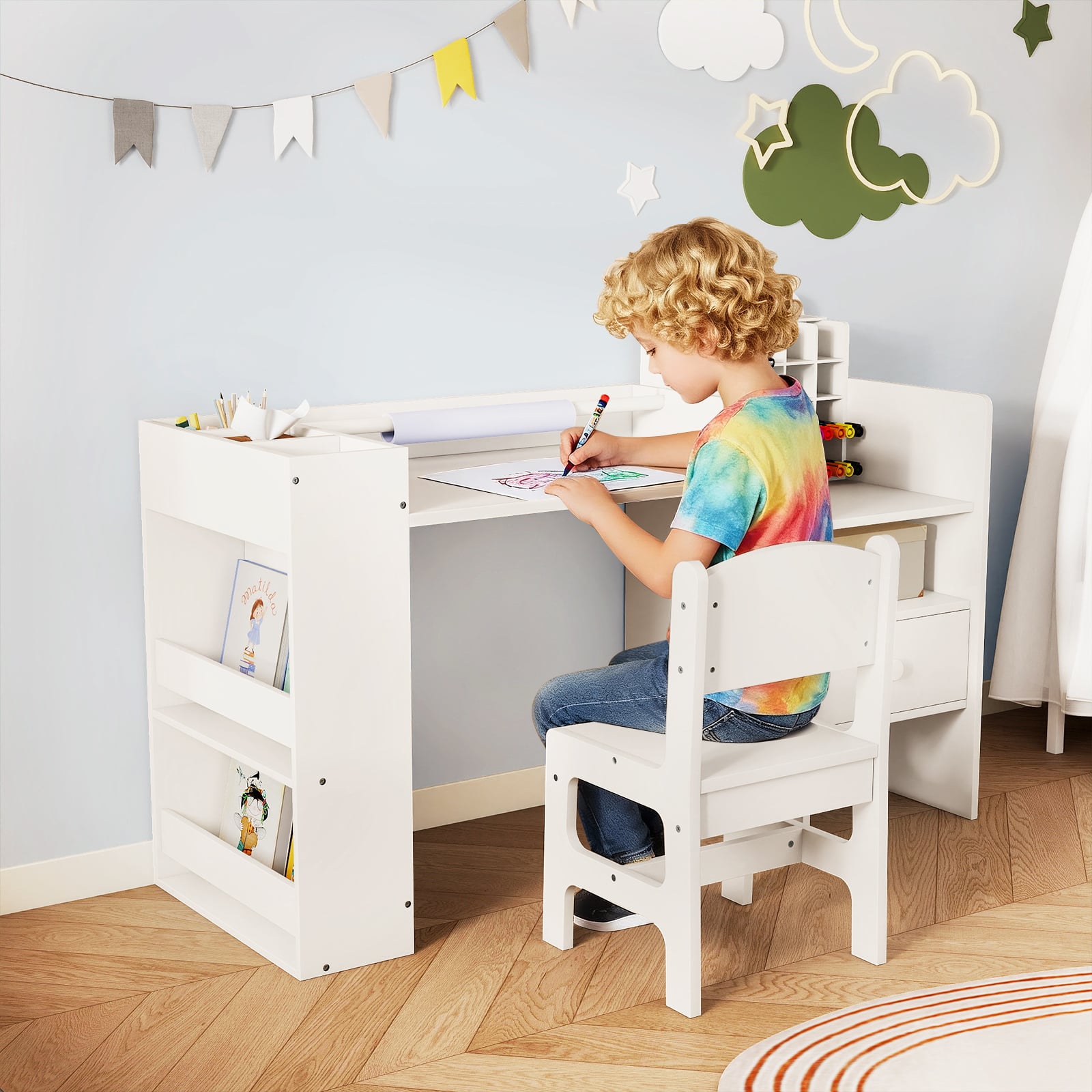 Kids Art Table and Chair Set with Removable Paper Roll Holder-White