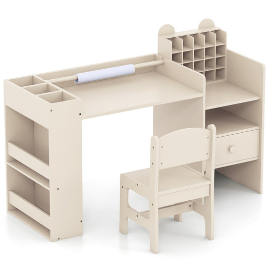 Kids Art Table and Chair Set with Removable Paper Roll Holder-Natural
