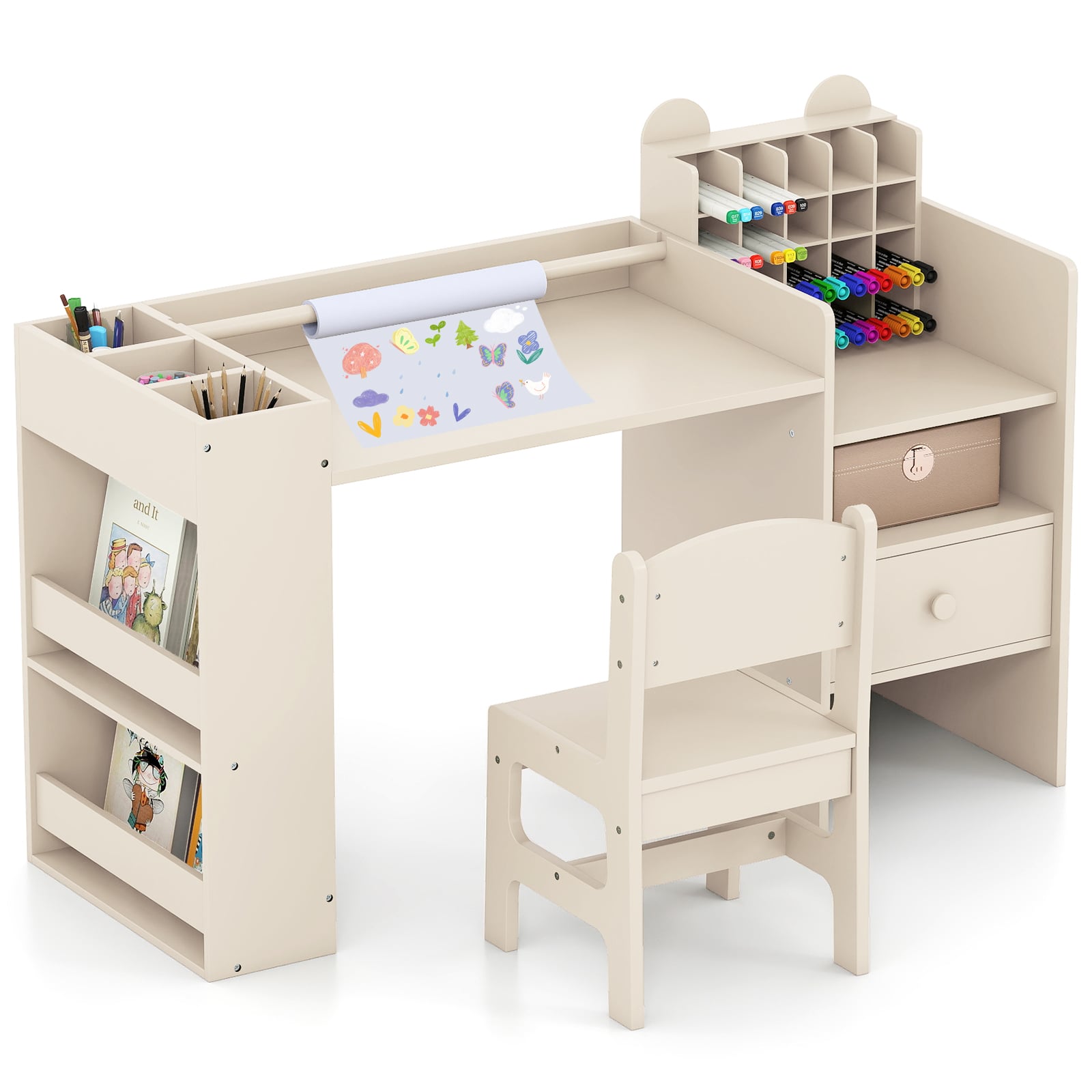 Kids Art Table and Chair Set with Removable Paper Roll Holder-Natural