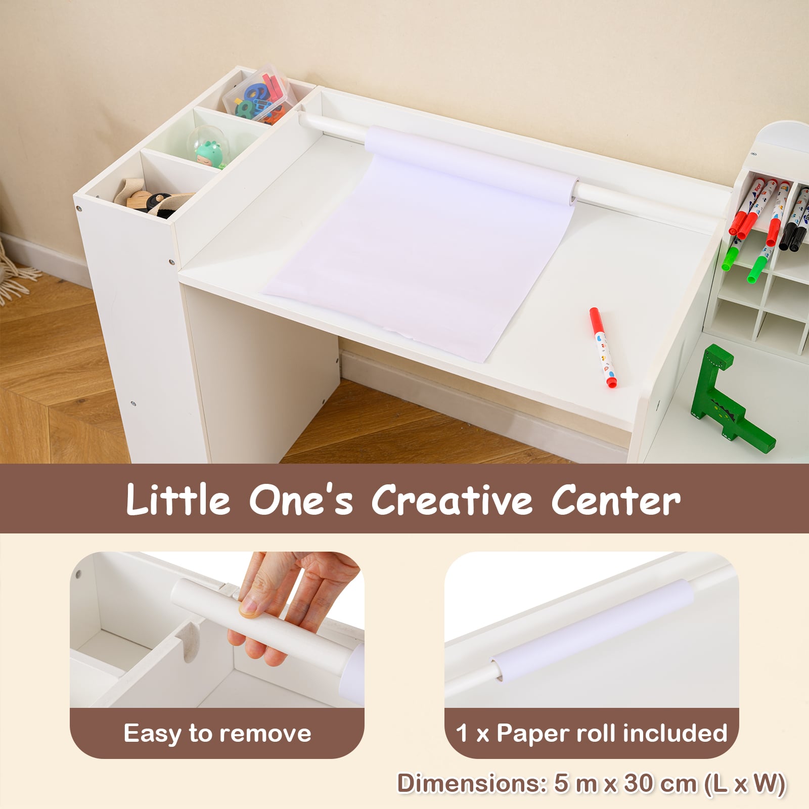 Kids Art Table and Chair Set with Removable Paper Roll Holder-White
