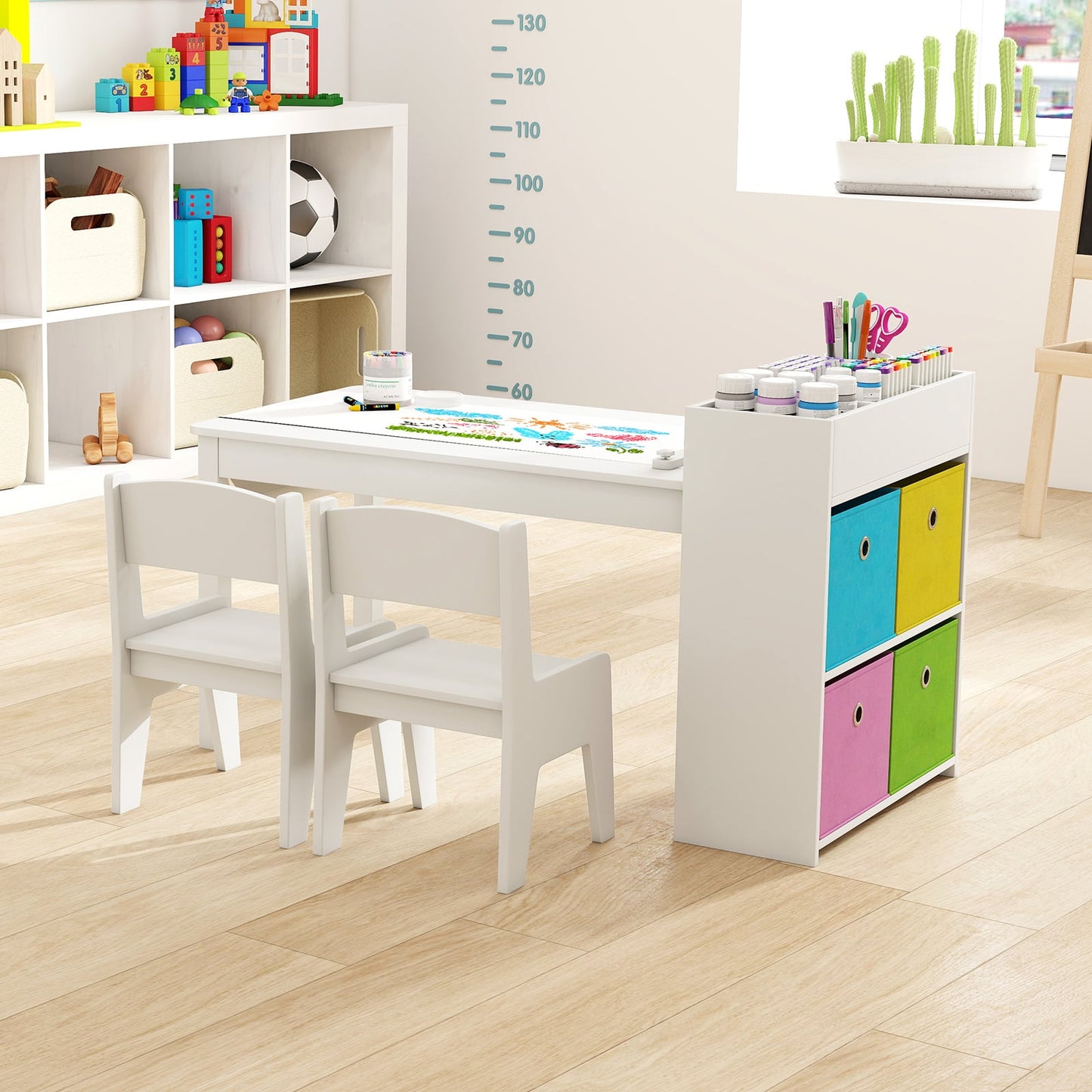 Kids Art Table and Chairs Set with Paper Roll and Storage Shelves-White