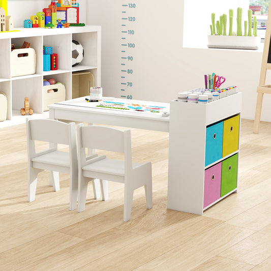 Kids Art Table and Chairs Set with Paper Roll and Storage Shelves-White