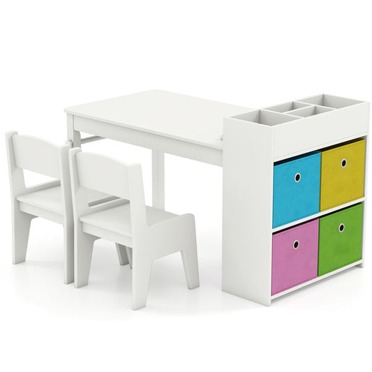Kids Art Table and Chairs Set with Paper Roll and Storage Shelves-White