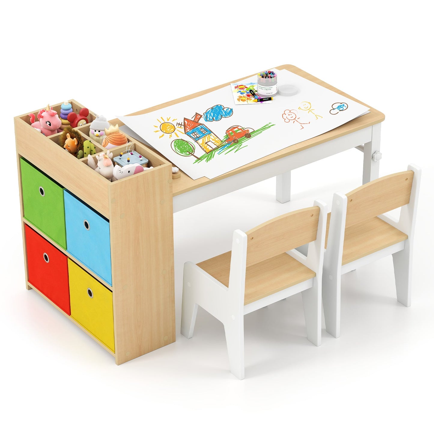 Kids Art Table and Chairs Set with Paper Roll and Storage Shelves-Colourful