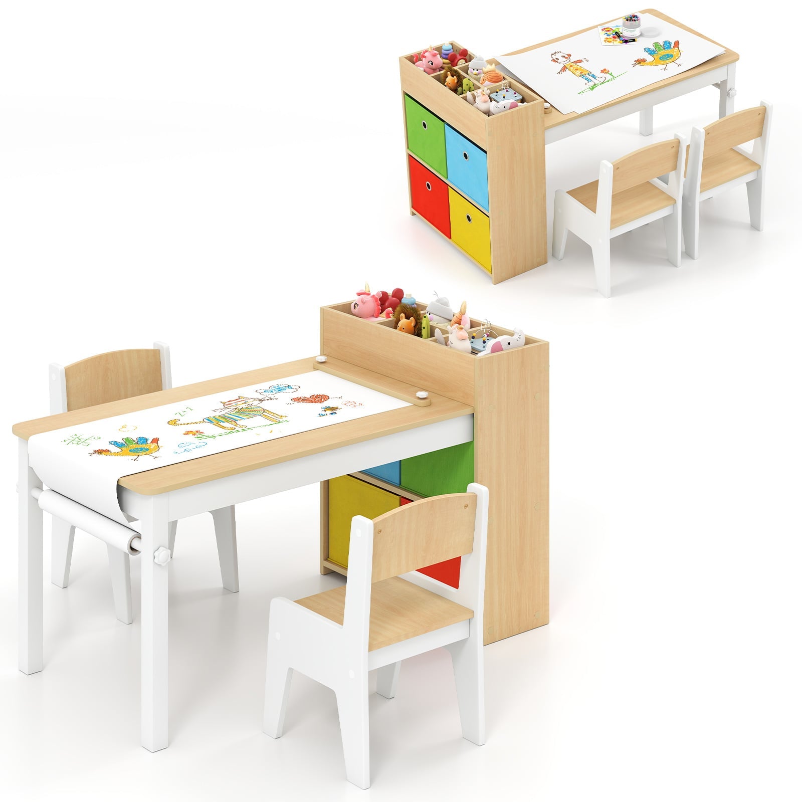 Kids Art Table and Chairs Set with Paper Roll and Storage Shelves-Colourful
