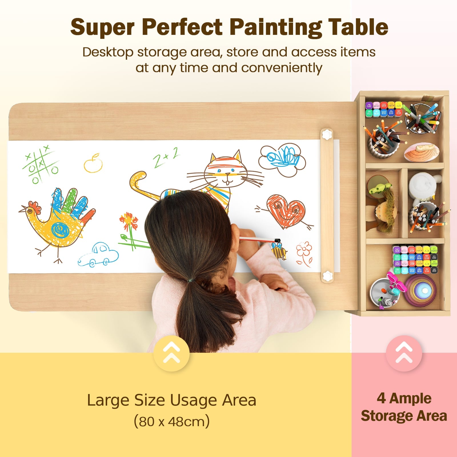 Kids Art Table and Chairs Set with Paper Roll and Storage Shelves-Colourful