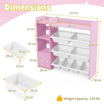 Kids Bookshelf Toy Storage Organizer with Storage Boxes and Open Shelves-Pink