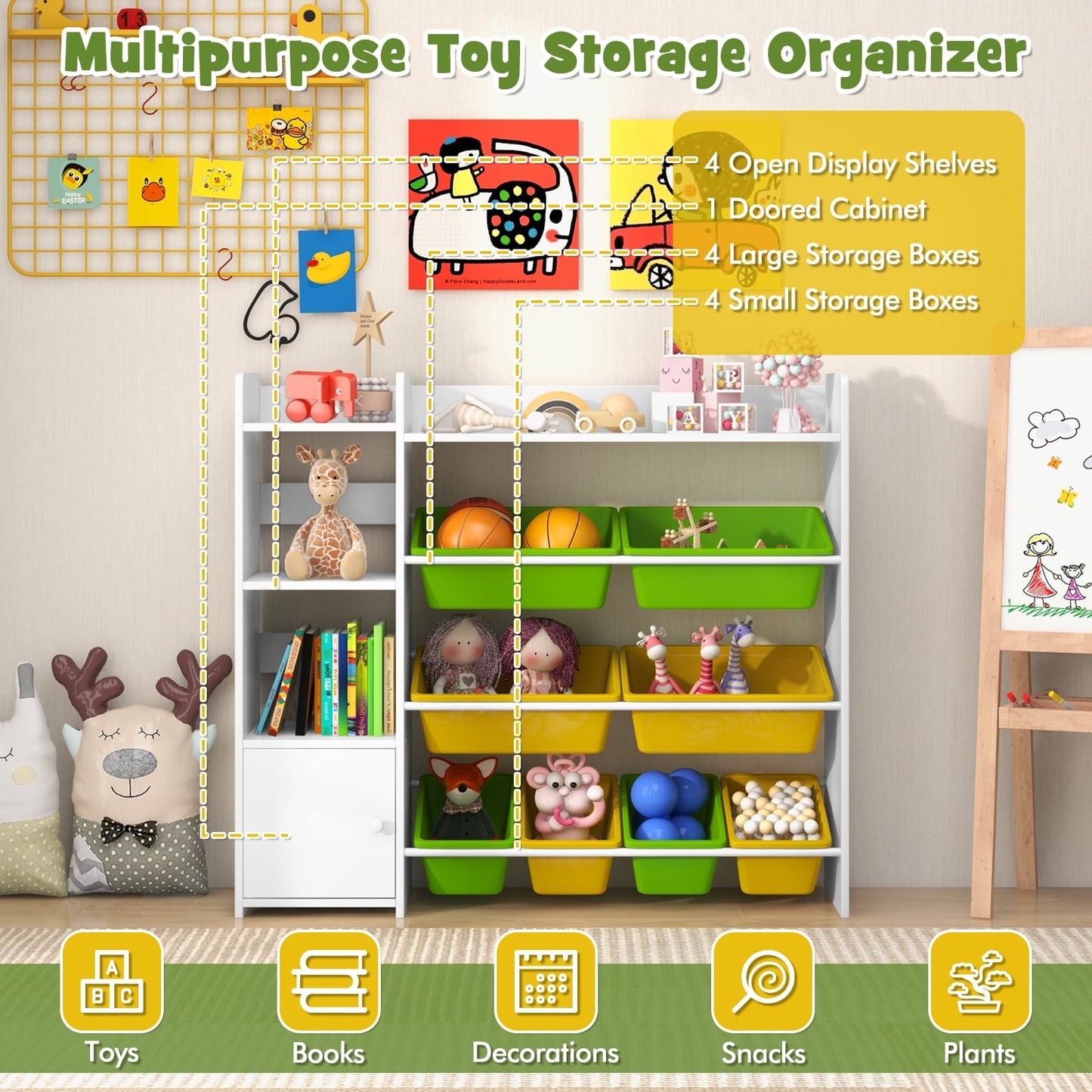 Kids Bookshelf Toy Storage Organizer with Storage Boxes and Open Shelves-Multicolor