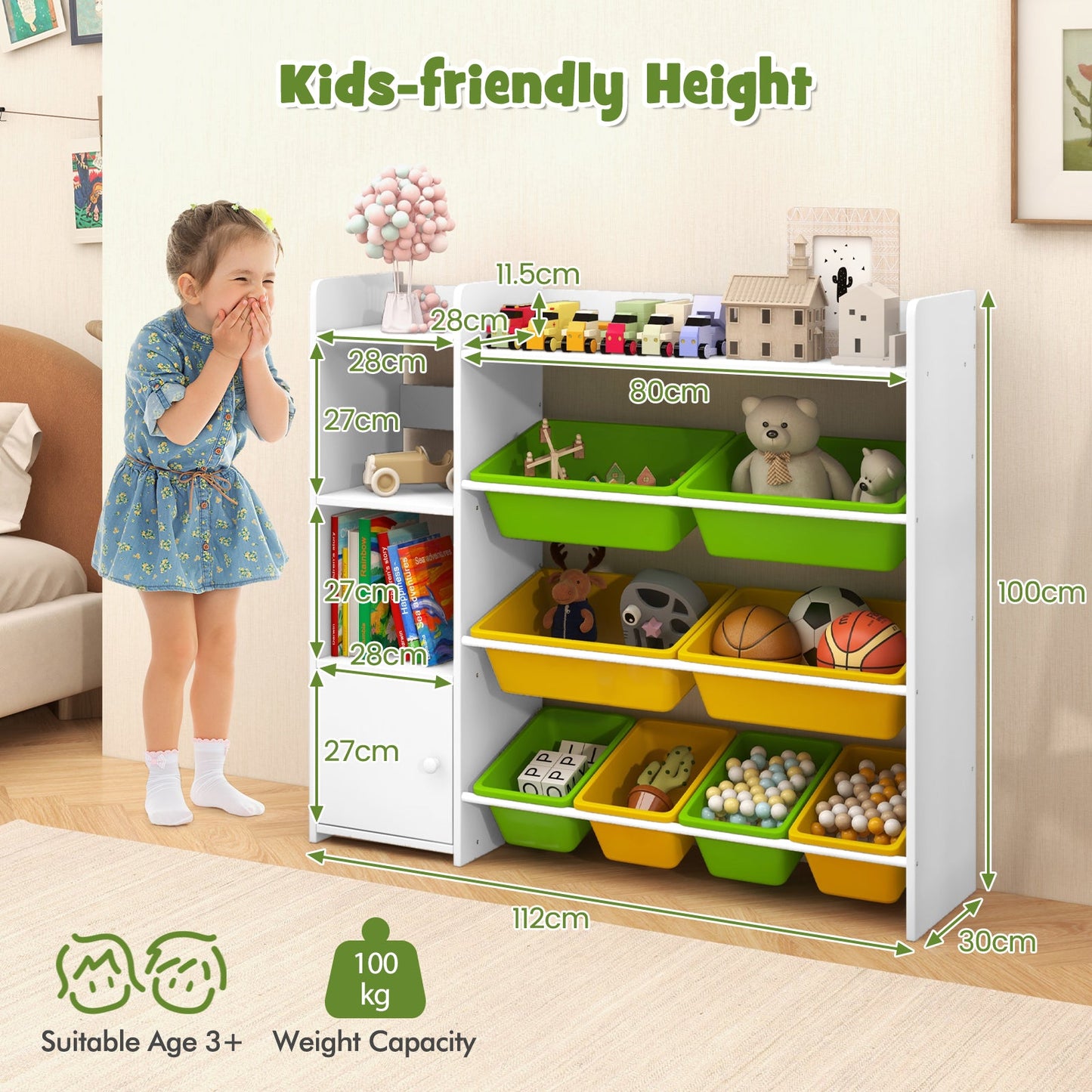 Kids Bookshelf Toy Storage Organizer with Storage Boxes and Open Shelves-Multicolor