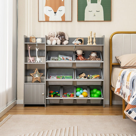 Kids Bookshelf Toy Storage Organizer with Storage Boxes and Open Shelves-Grey