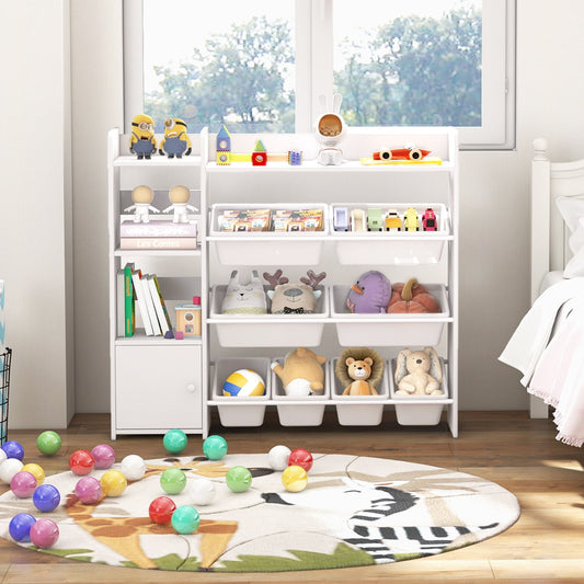 Kids Bookshelf Toy Storage Organizer with Storage Boxes and Open Shelves-White