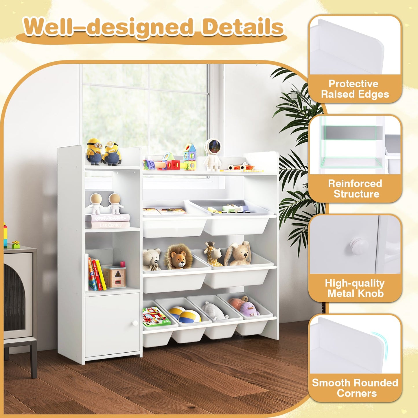 Kids Bookshelf Toy Storage Organizer with Storage Boxes and Open Shelves-White