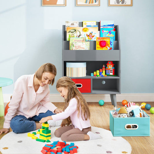 Kids Bookshelf Book Display Rack with 3-Tier Bookshelves and 2 Drawers-Grey