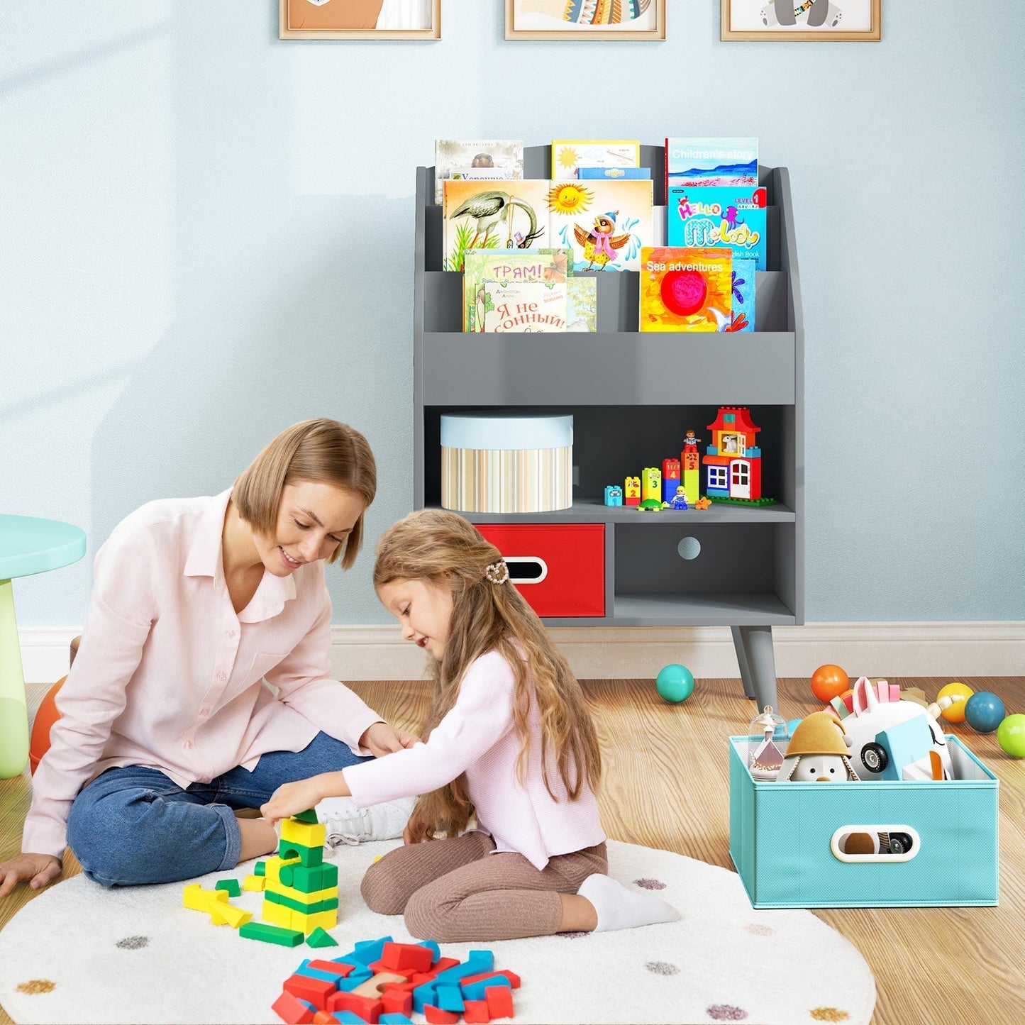 Kids Bookshelf Book Display Rack with 3-Tier Bookshelves and 2 Drawers-Grey