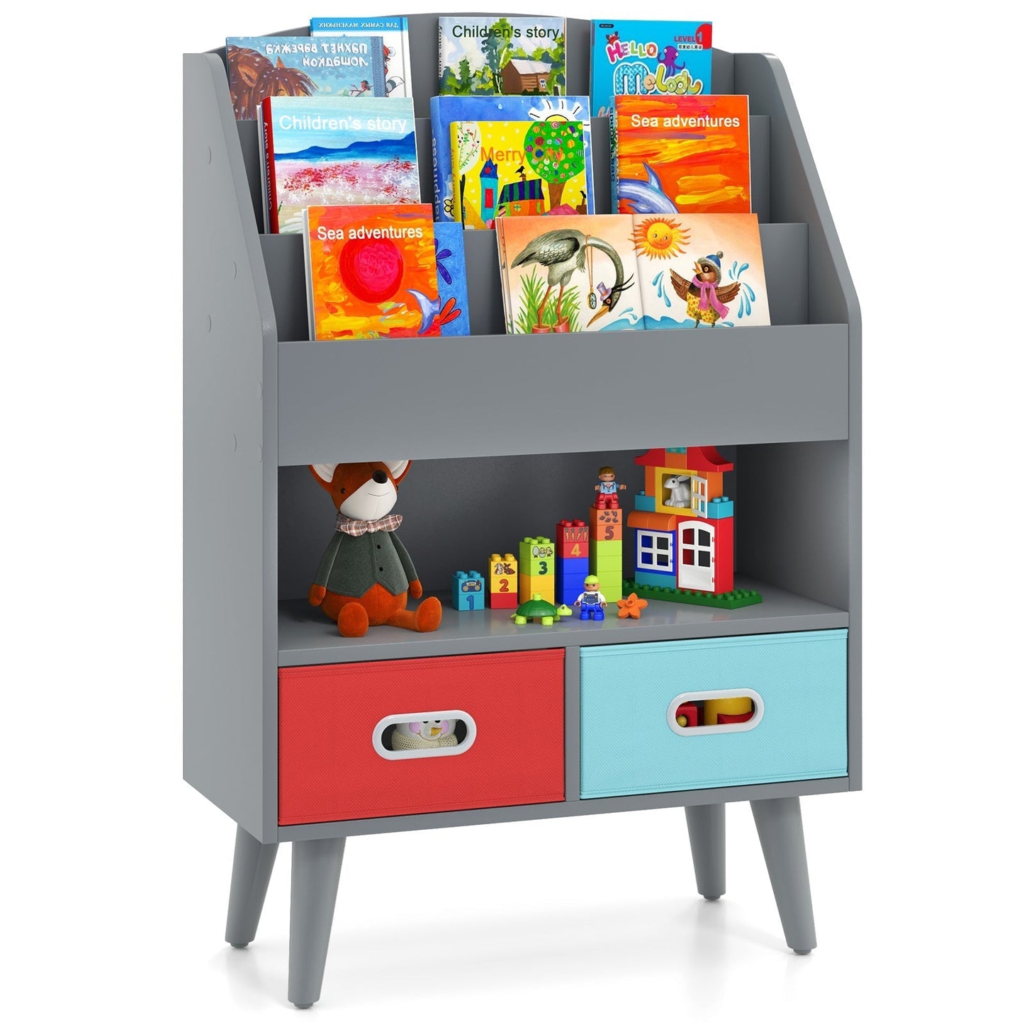 Kids Bookshelf Book Display Rack with 3-Tier Bookshelves and 2 Drawers-Grey