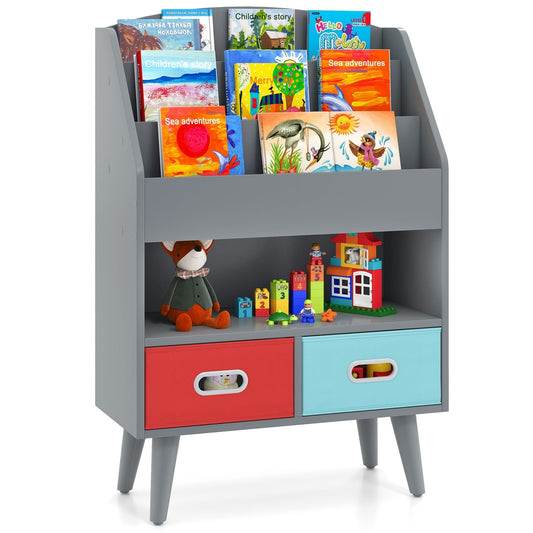 Kids Bookshelf Book Display Rack with 3-Tier Bookshelves and 2 Drawers-Grey