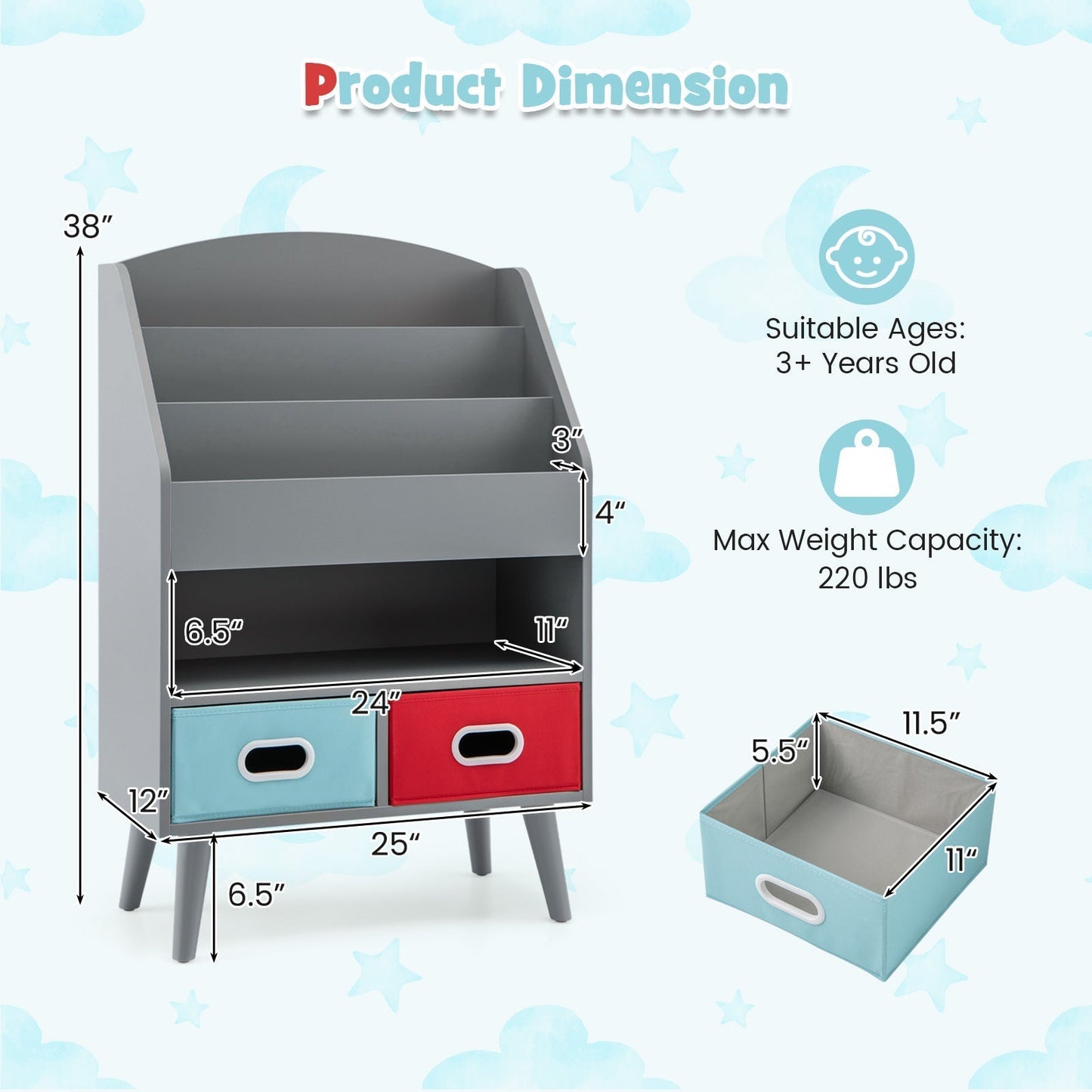 Kids Bookshelf Book Display Rack with 3-Tier Bookshelves and 2 Drawers-Grey