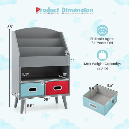 Kids Bookshelf Book Display Rack with 3-Tier Bookshelves and 2 Drawers-Grey