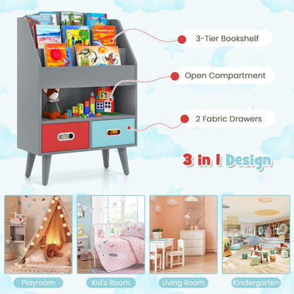 Kids Bookshelf Book Display Rack with 3-Tier Bookshelves and 2 Drawers-Grey