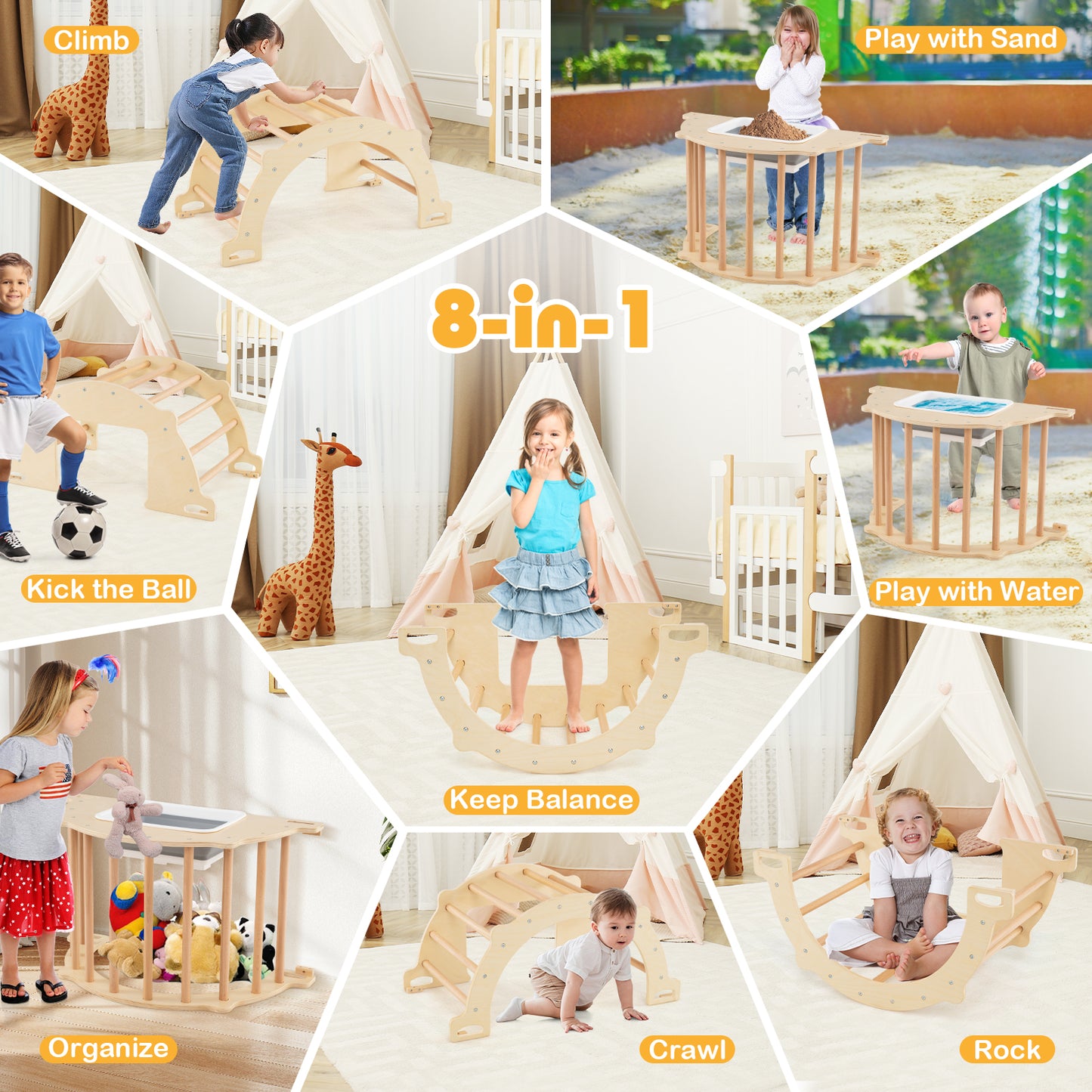 Kids Climbing Arch Sensory Table with Removable Collapsible Storage Bin and Rocker Board-S